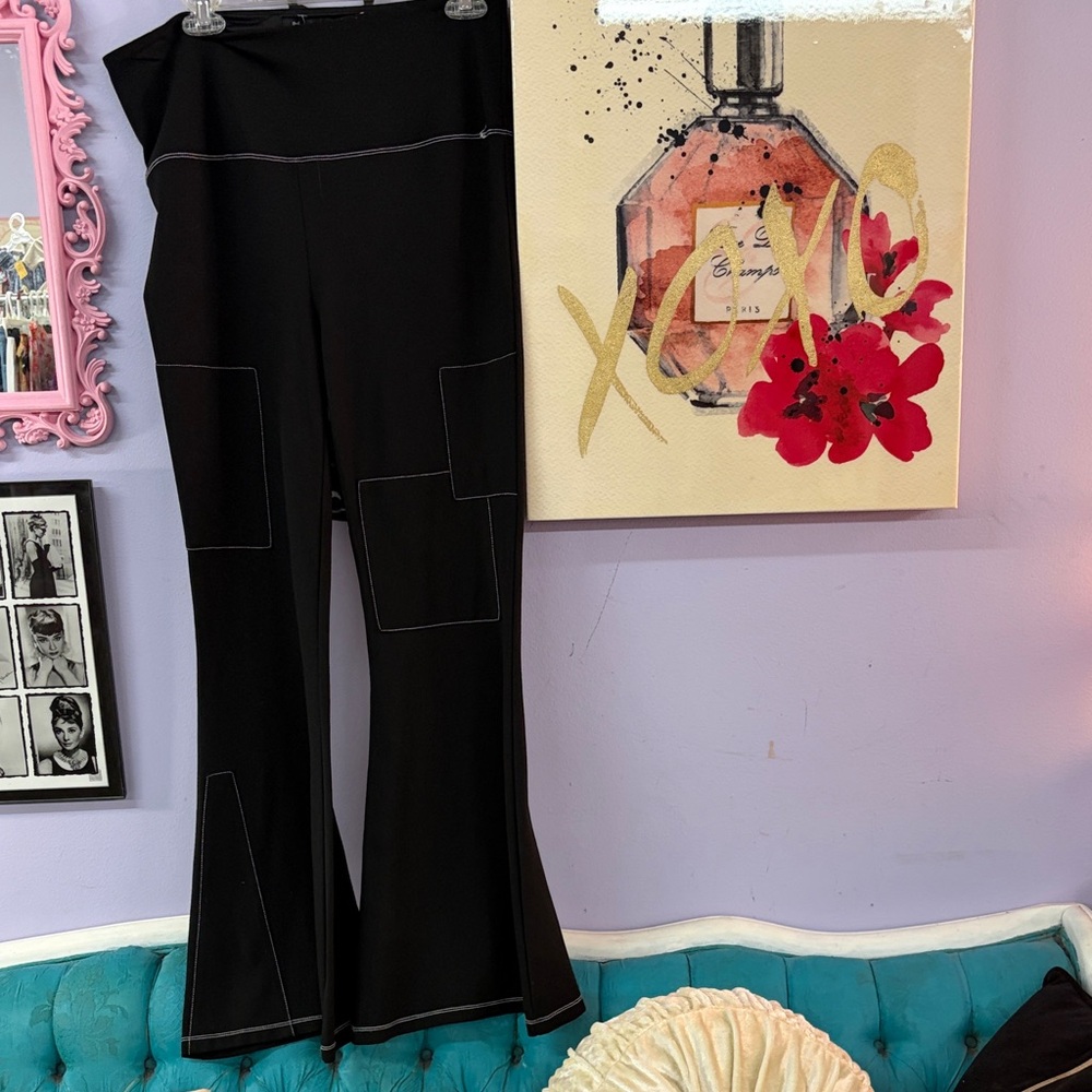 Black Boot-Cut Flare Pants with Contrast Stitching